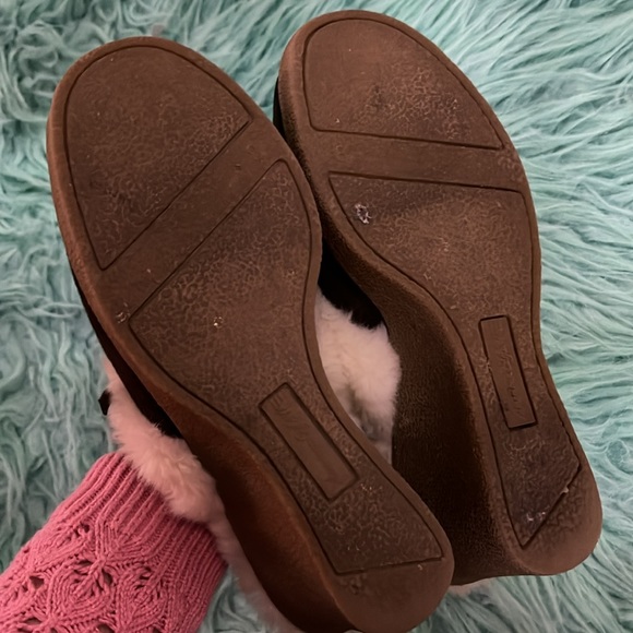 Fur lined wedge slides 8 moccasin clogs brown vegan suede faux sheep whip stitch - Picture 9 of 9